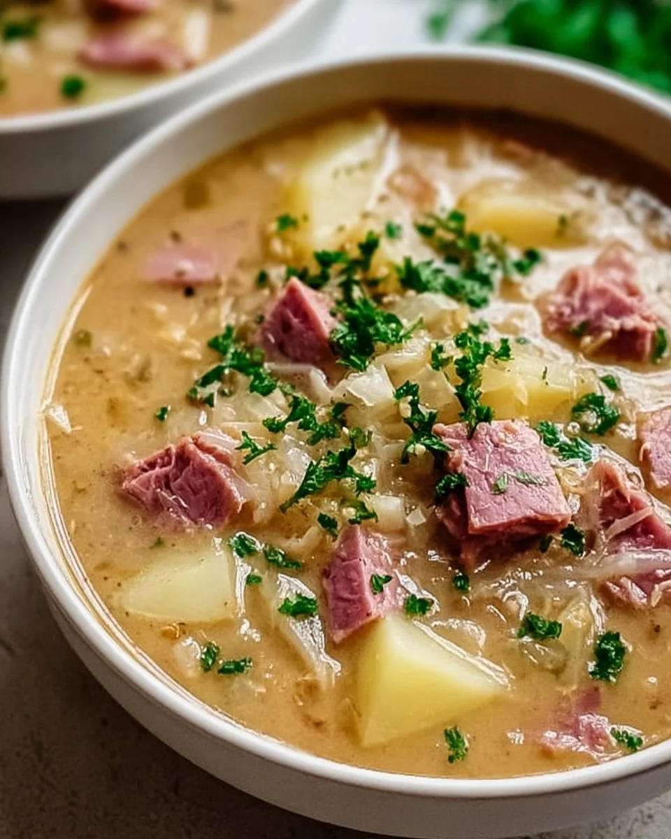 Bowl of Reuben Soup garnished with herbs and served with rye bread