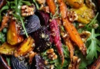 Roasted beet and carrot salad with honey thyme vinaigrette on a plate.