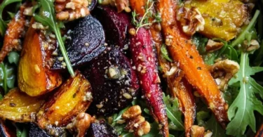 Roasted beet and carrot salad with honey thyme vinaigrette on a plate.