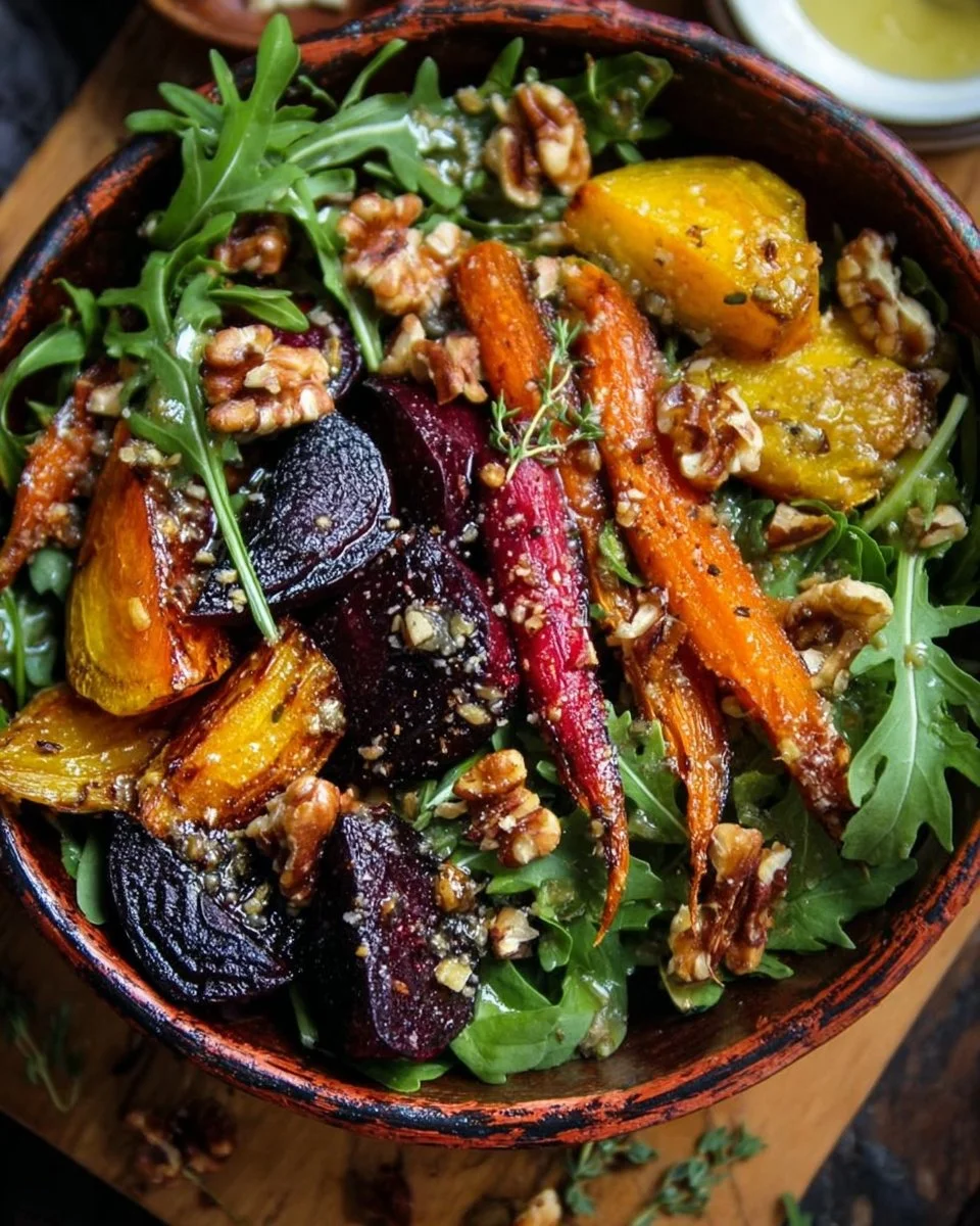 Roasted beet and carrot salad with honey thyme vinaigrette on a plate.