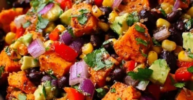 Roasted sweet potato black bean salad topped with fresh ingredients