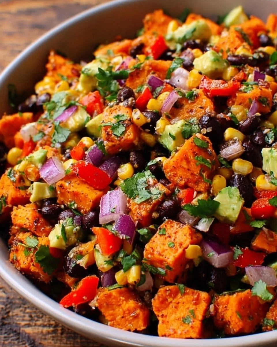 Roasted sweet potato black bean salad topped with fresh ingredients