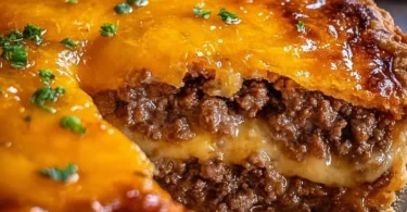 Deliciously baked savory cheeseburger pie served in a pie dish