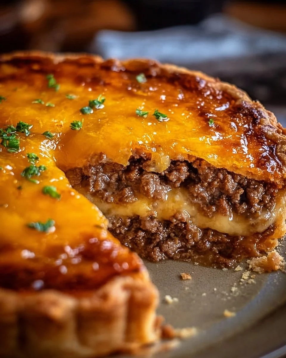 Deliciously baked savory cheeseburger pie served in a pie dish