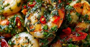 Delicious shrimp chimichurri served on a plate with vibrant herbs