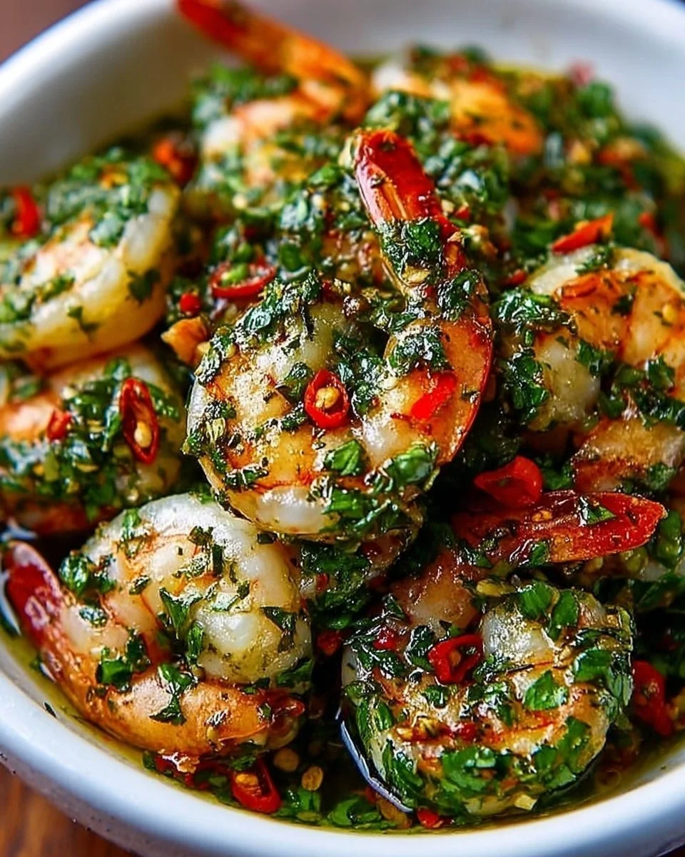 Delicious shrimp chimichurri served on a plate with vibrant herbs