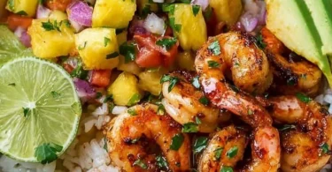 Shrimp rice bowl topped with vibrant pineapple salsa and herbs