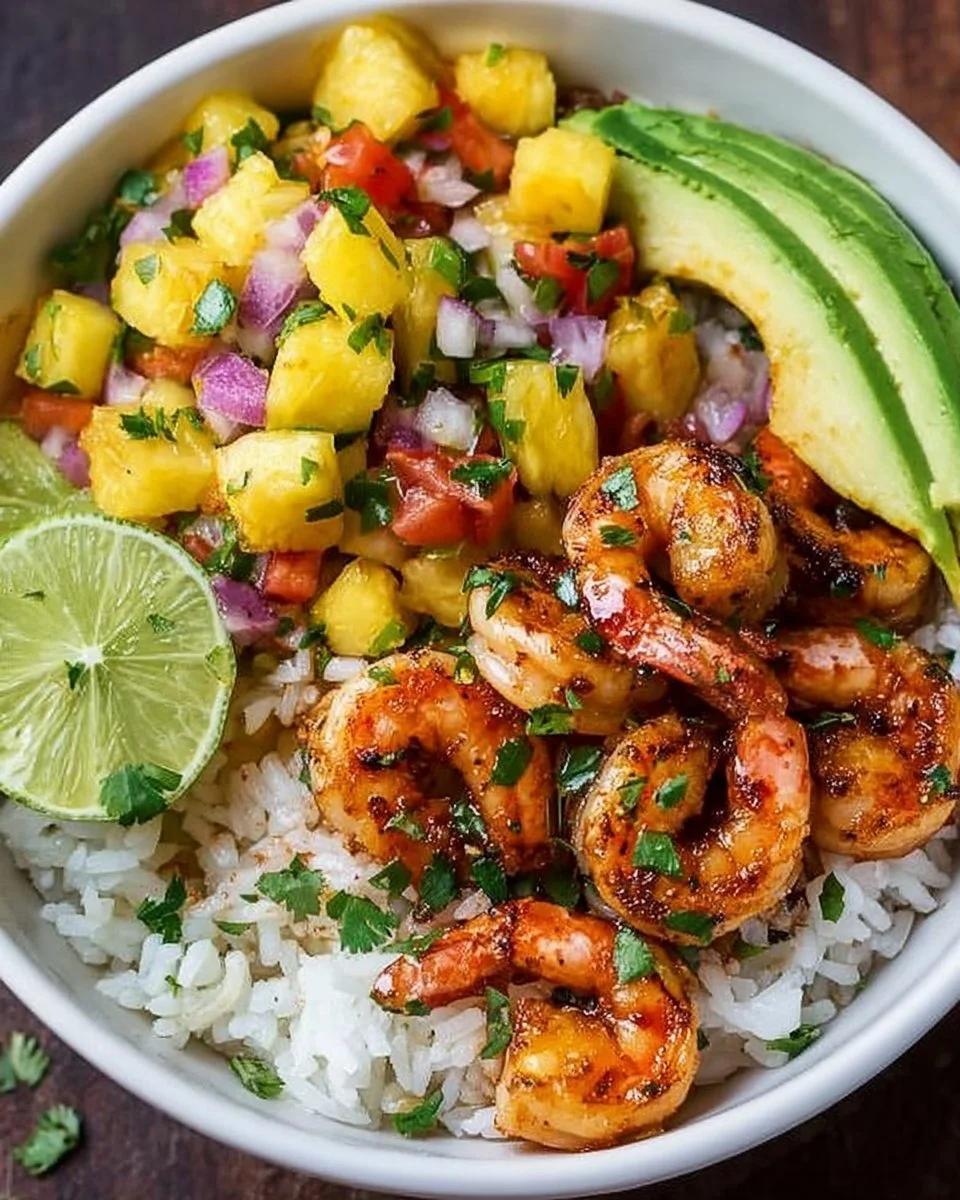 Shrimp rice bowl topped with vibrant pineapple salsa and herbs