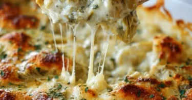 Simple baked chicken artichoke casserole in a baking dish.