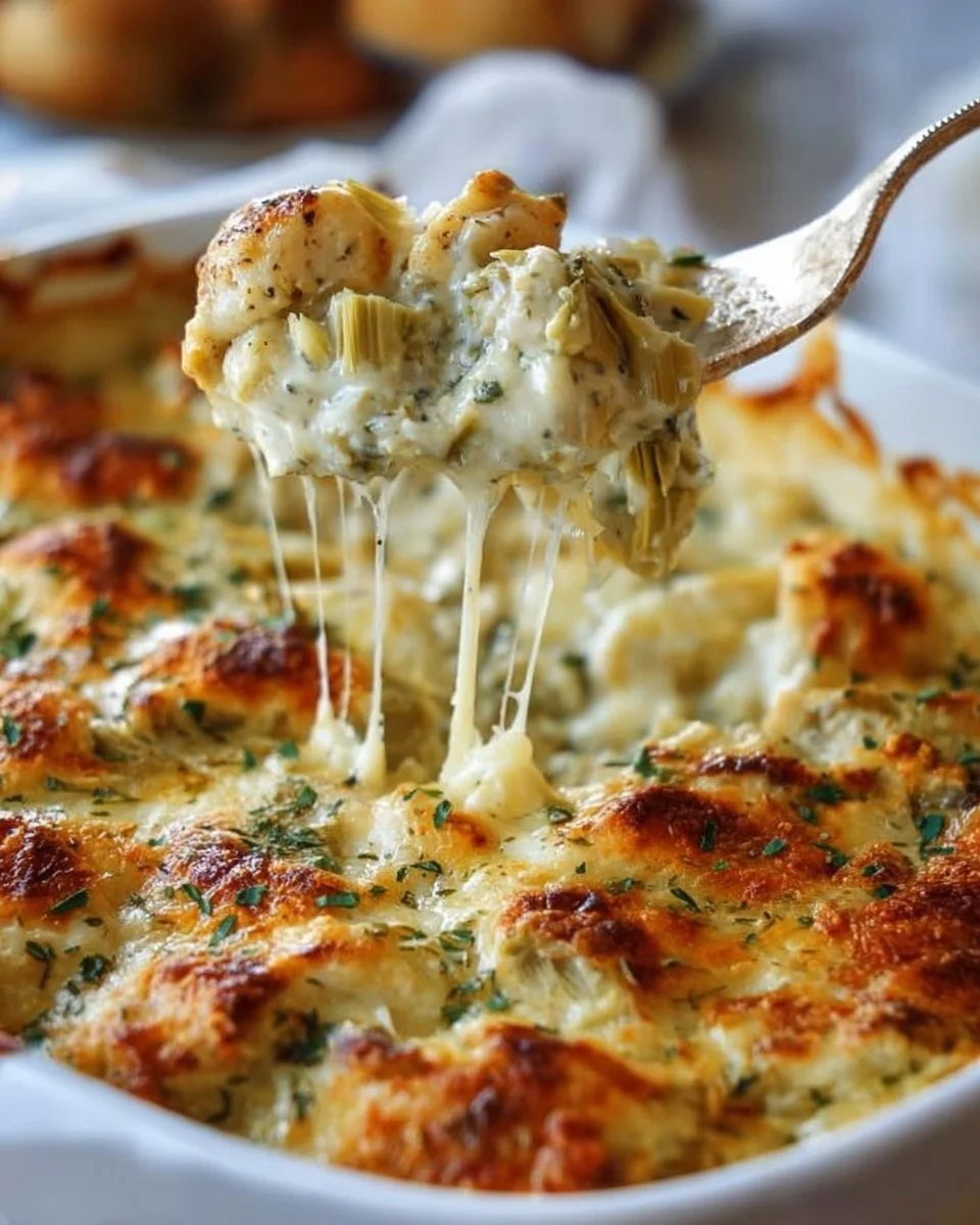 Simple baked chicken artichoke casserole in a baking dish.