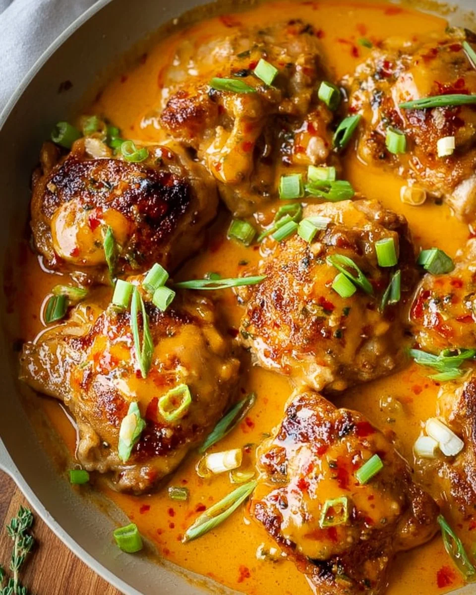 Delicious Skillet Bang Bang Chicken Thighs served with vegetables