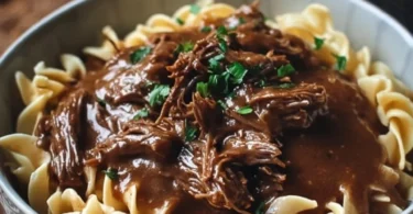 Delicious slow cooker beef and noodles served in a bowl