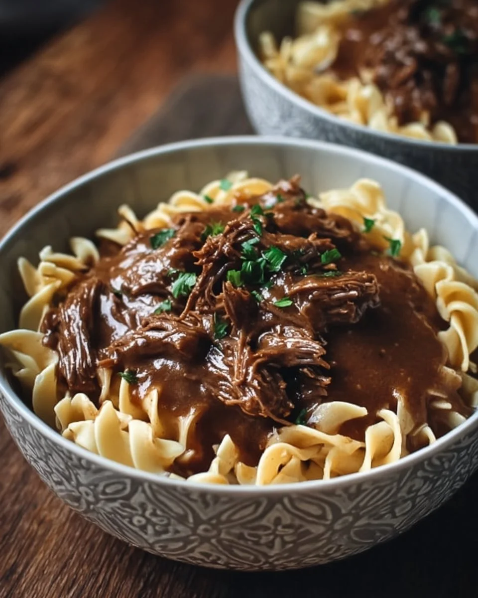 Delicious slow cooker beef and noodles served in a bowl