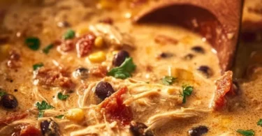 A bowl of slow cooker cheesy chicken chili topped with cheese and cilantro
