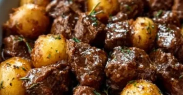 Slow cooker garlic butter beef bites and potatoes served on a plate