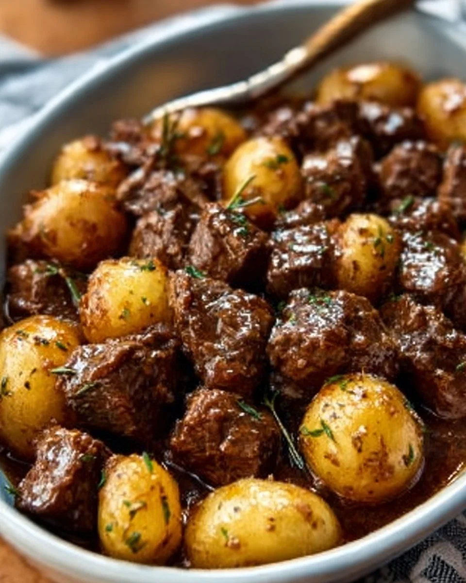 Slow cooker garlic butter beef bites and potatoes served on a plate