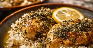 Slow cooker lemon herb chicken served with rice in a bowl