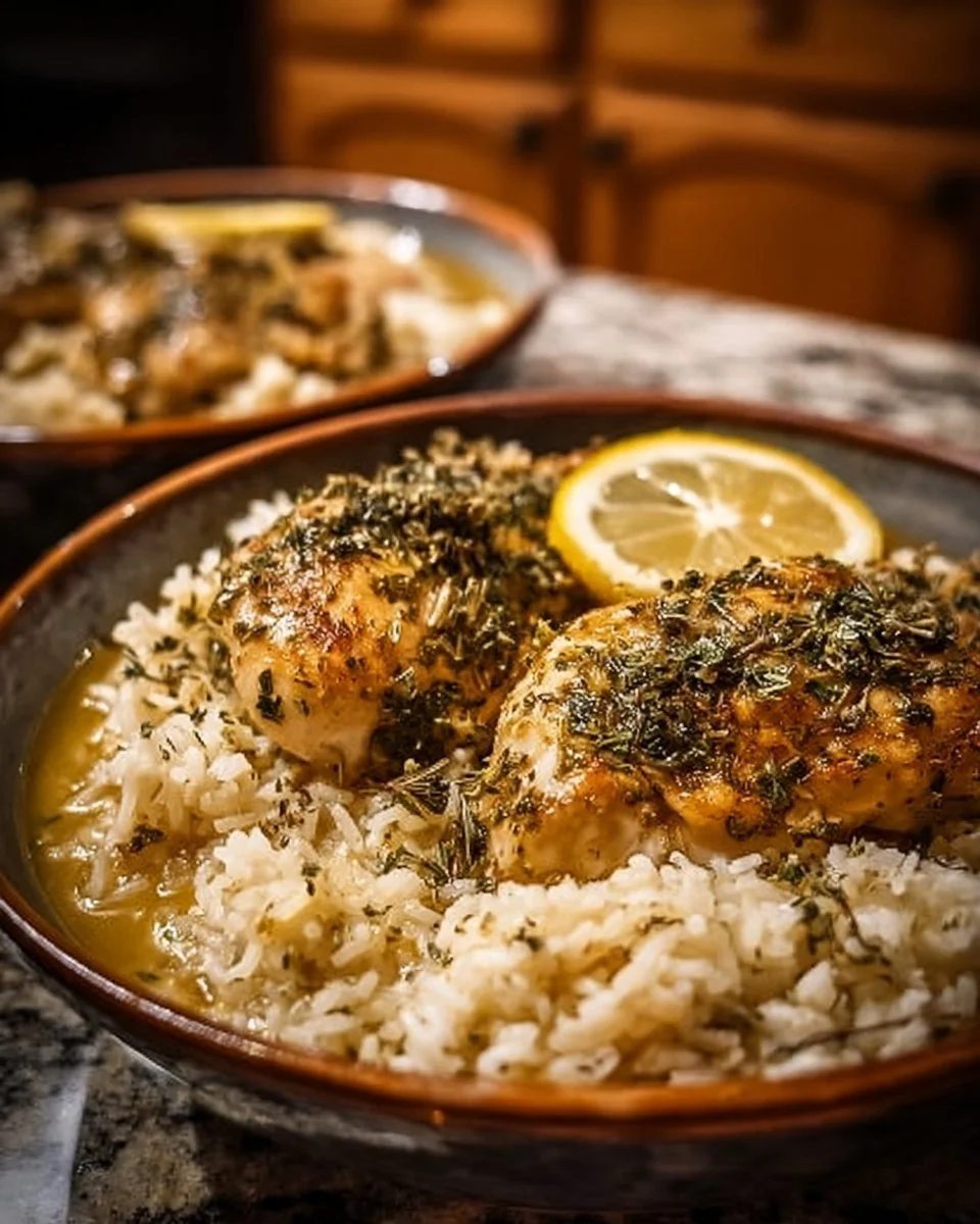 Slow cooker lemon herb chicken served with rice in a bowl