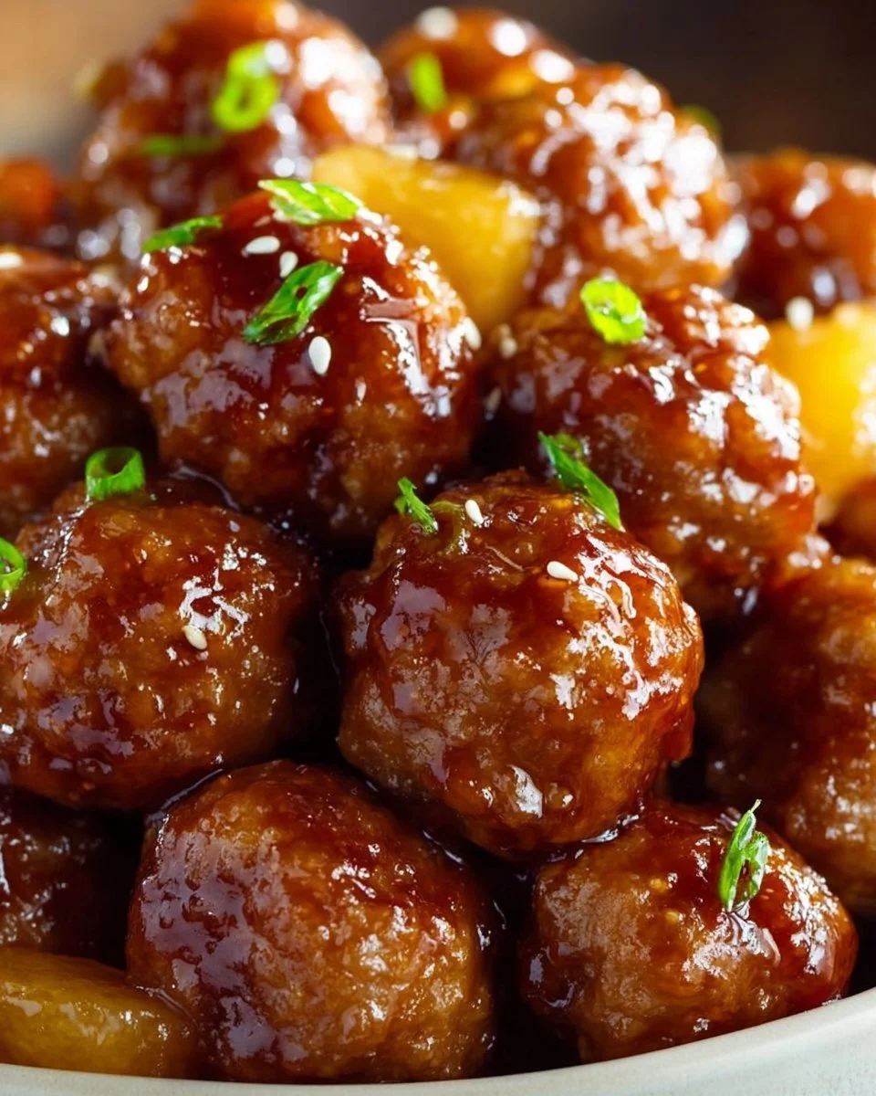 Slow cooker teriyaki meatballs served in a bowl with sauce and garnishes.