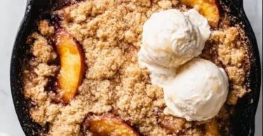 Delicious Smoked Bourbon Peach Cobbler topped with whipped cream in a baking dish