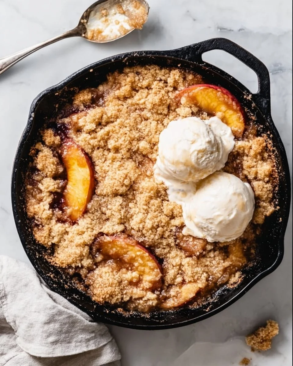 Delicious Smoked Bourbon Peach Cobbler topped with whipped cream in a baking dish