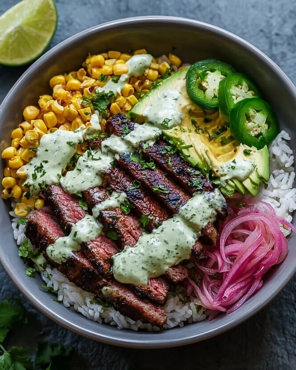 Steak bowl with avocado, roasted corn, and cilantro cream sauce