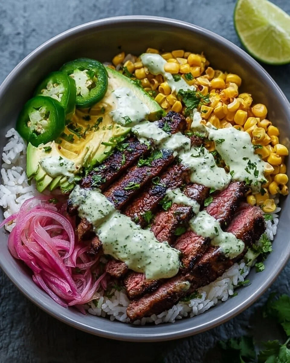 Steak, Avocado, and Roasted Corn Bowl with Cilantro Cream Sauce
