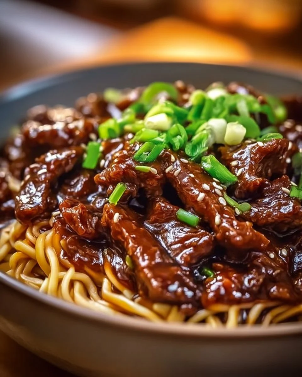 Delicious sticky beef noodles served in a bowl with vegetables and sauce