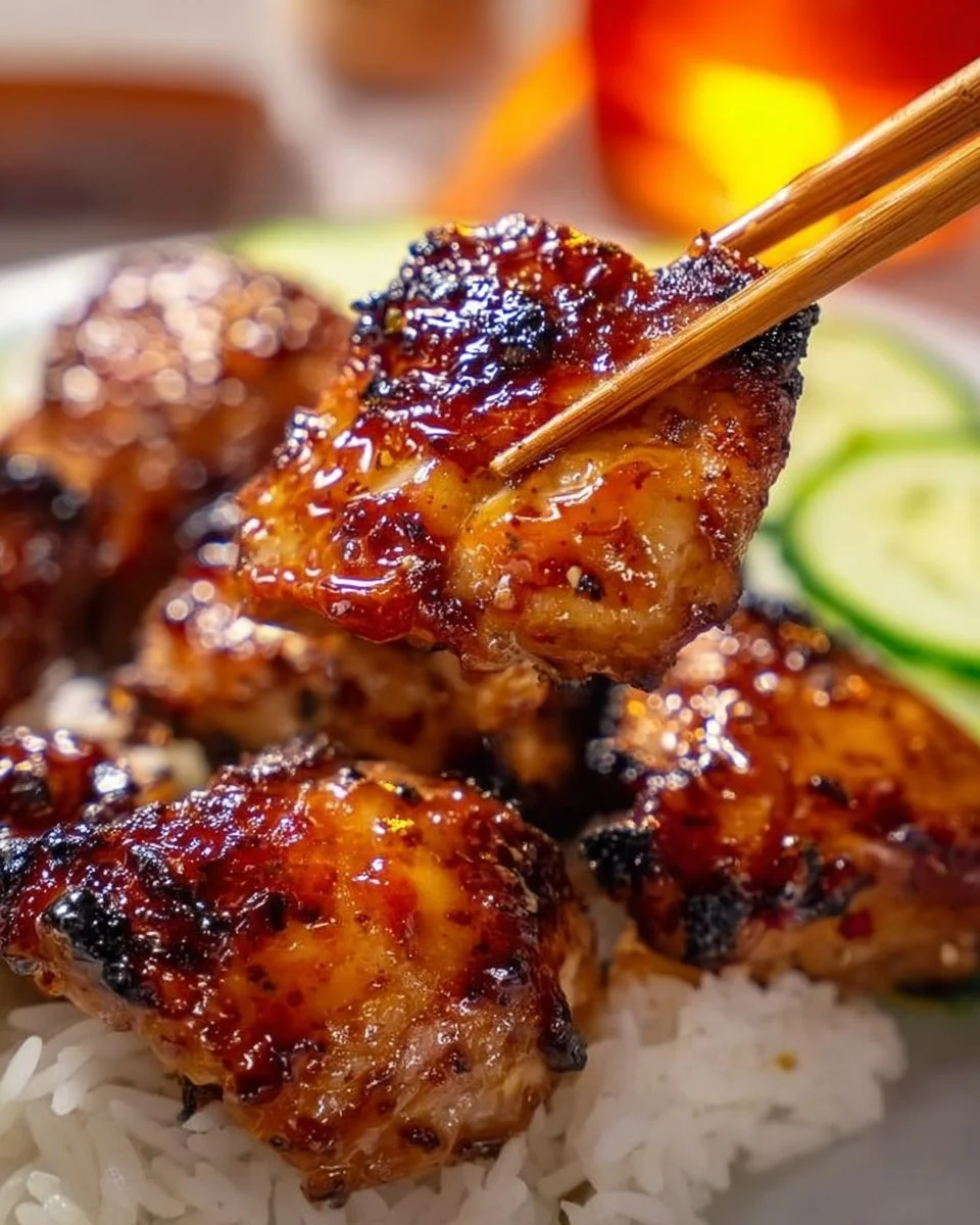 Delicious sticky sweet chili chicken thighs garnished with herbs