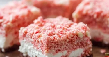 Delicious strawberry crunch brownies with a chocolate base and strawberry topping.