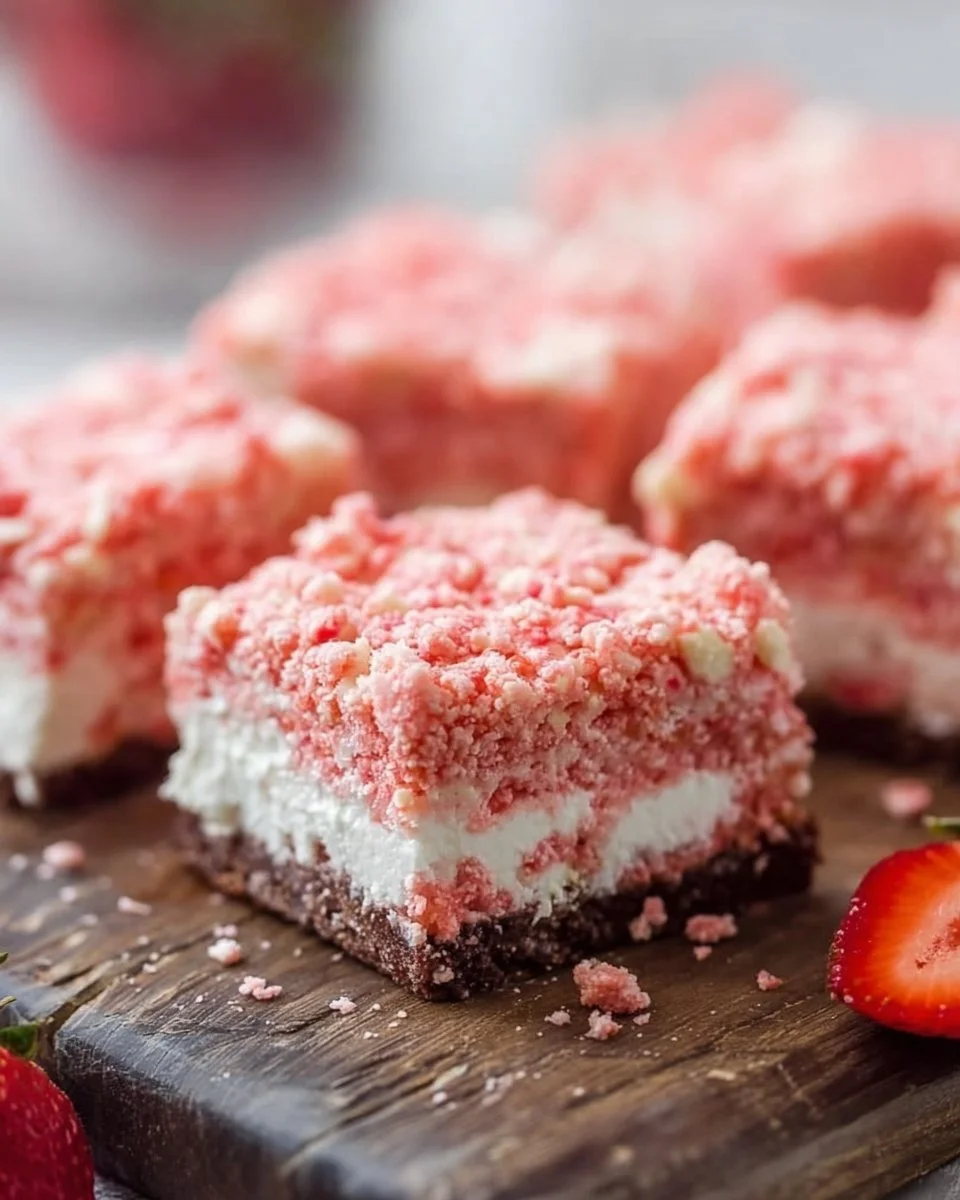 Delicious strawberry crunch brownies with a chocolate base and strawberry topping.