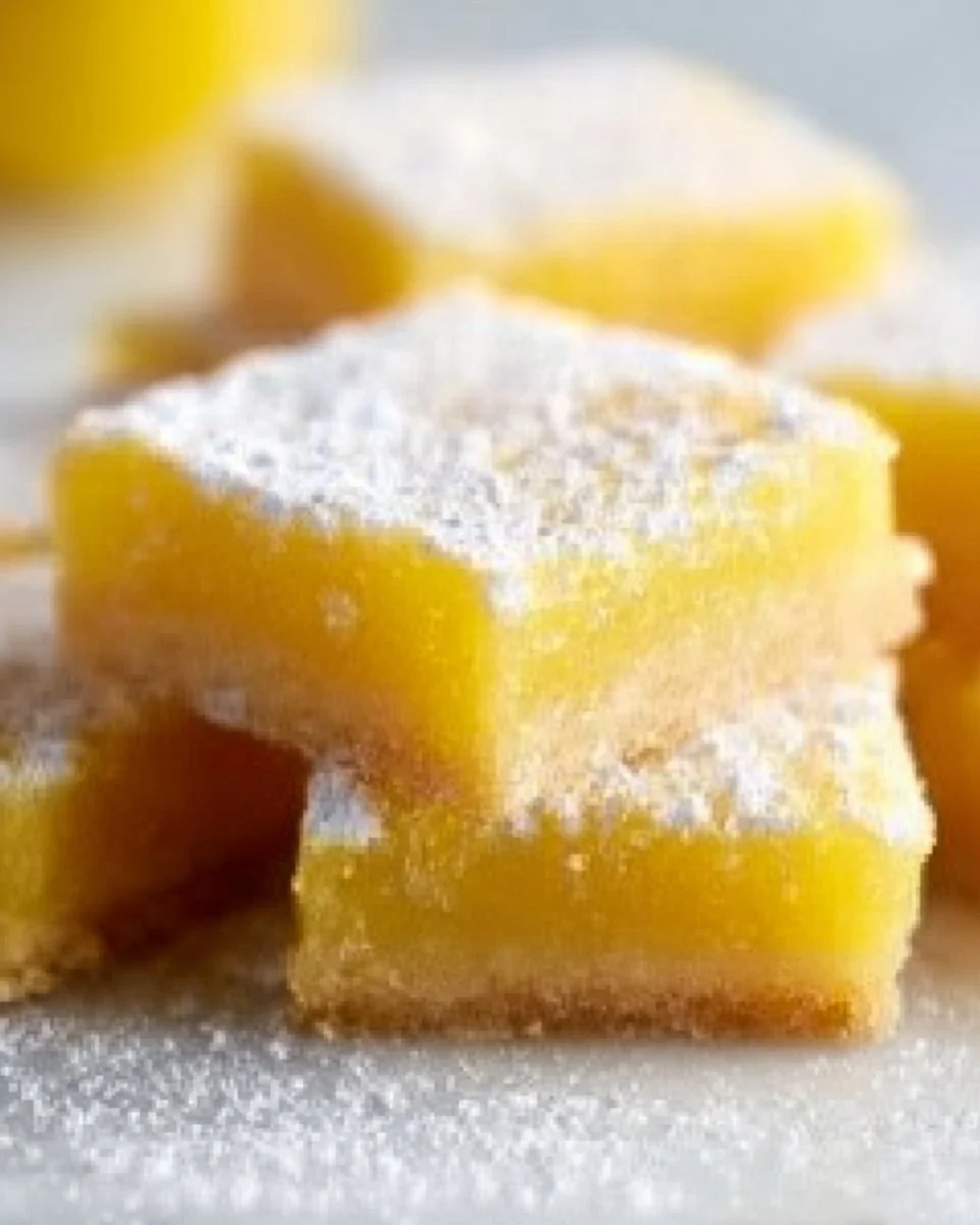 Freshly baked super easy lemon bars topped with powdered sugar.