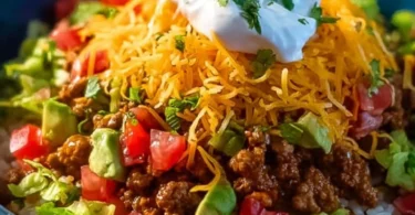 Delicious taco rice bowl topped with fresh ingredients and seasonings