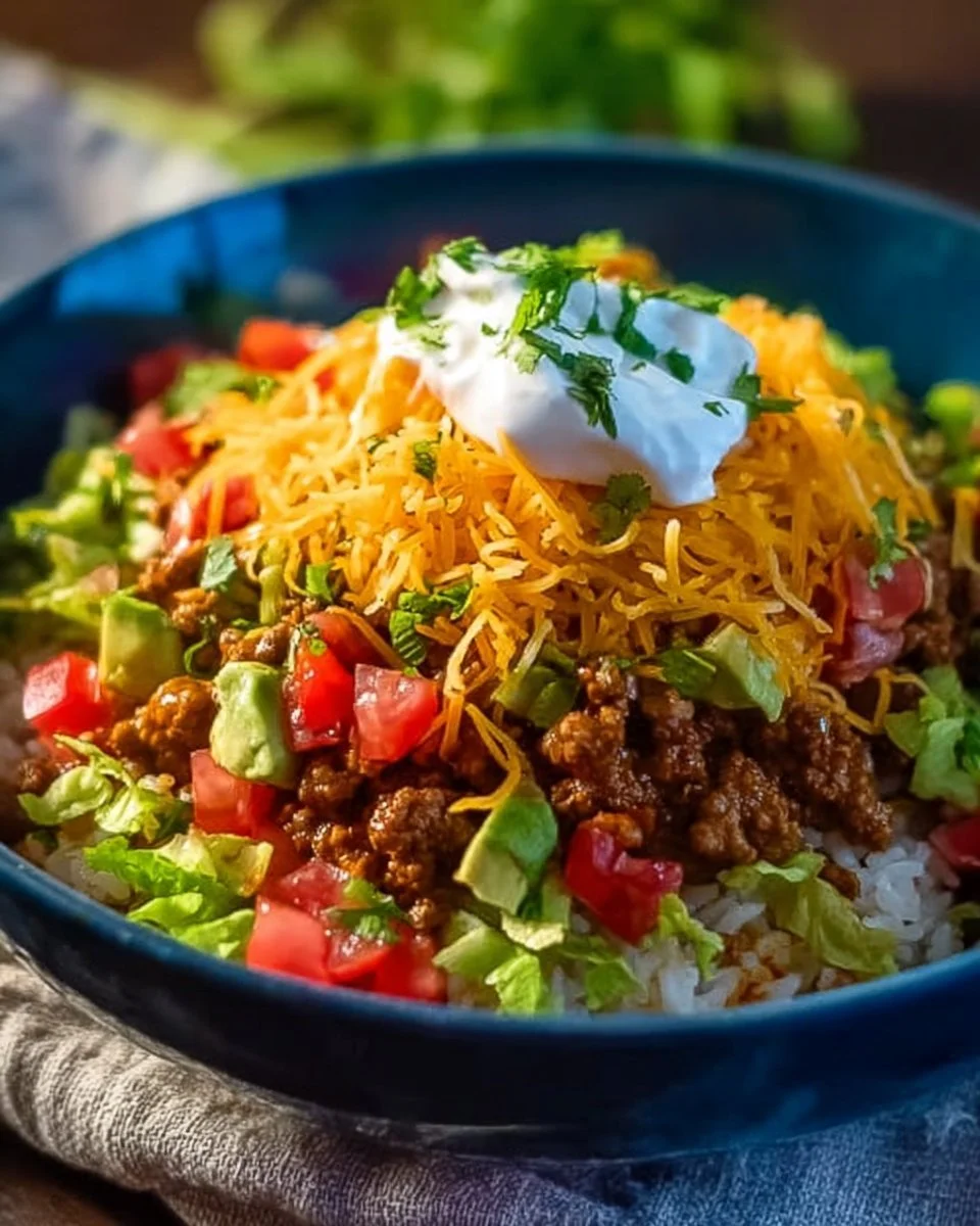 Delicious taco rice bowl topped with fresh ingredients and seasonings