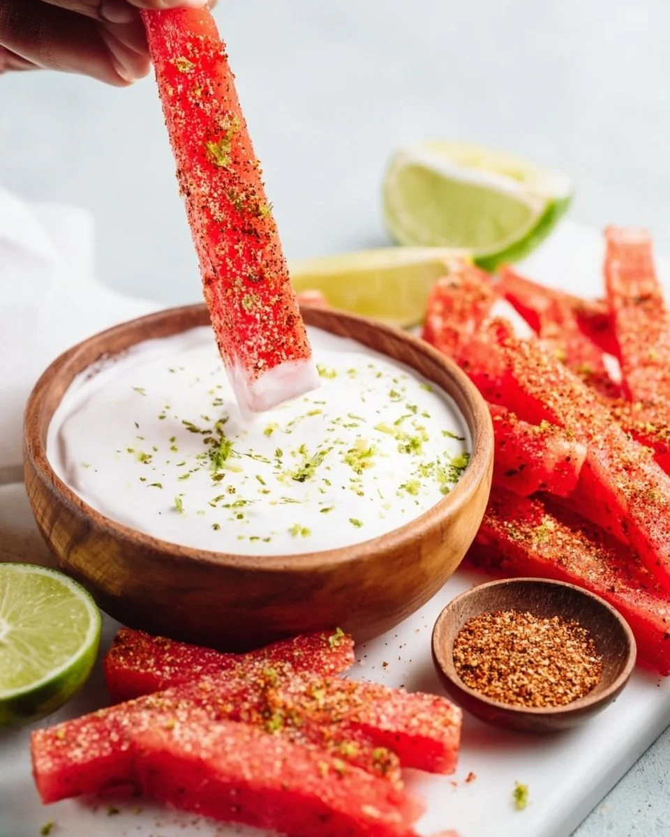 Tajin-coated spicy watermelon fries served on a plate