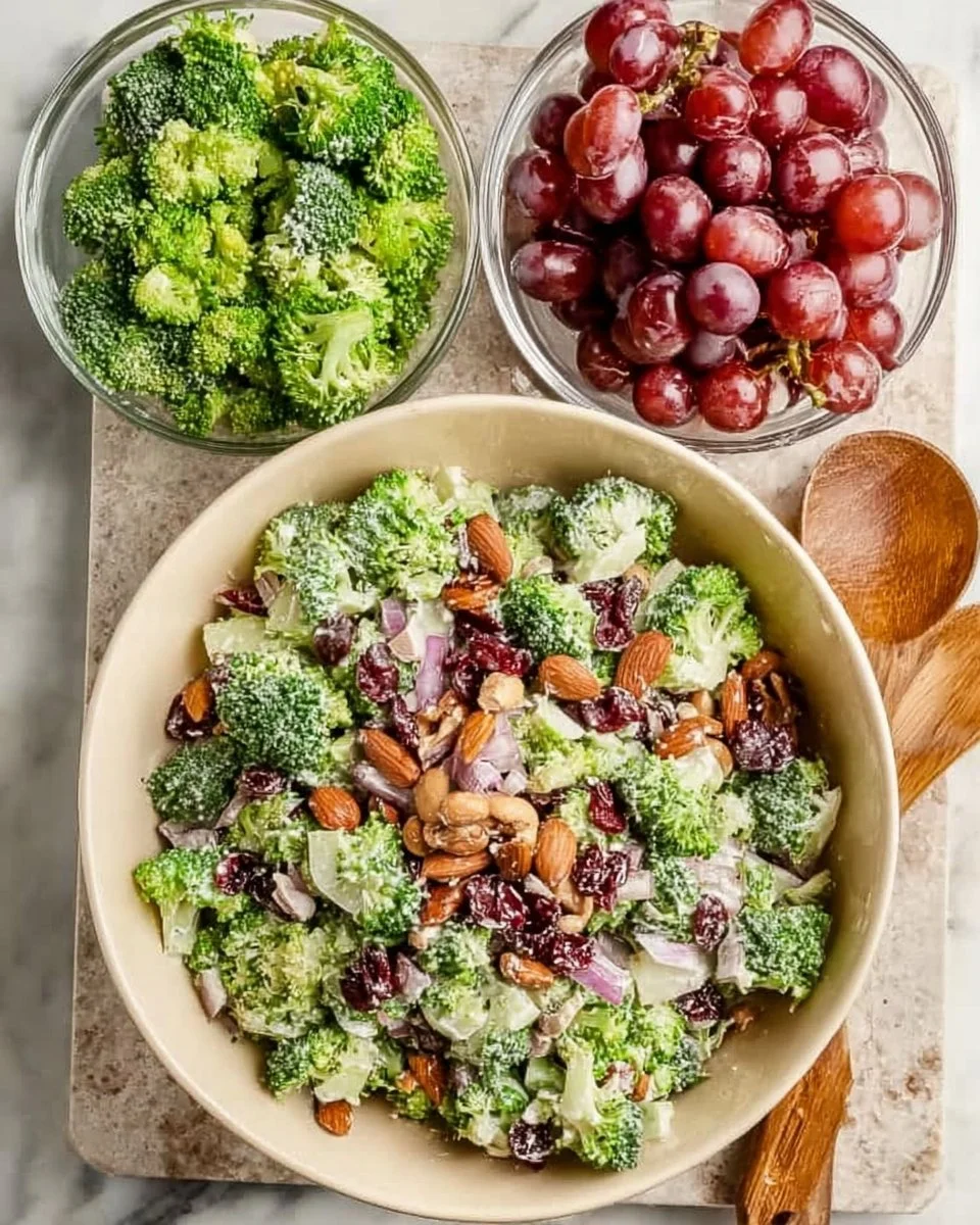 Vegan broccoli salad with colorful veggies and dressing in a bowl