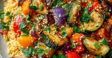 Vibrant roasted vegetable couscous salad with colorful veggies and herbs