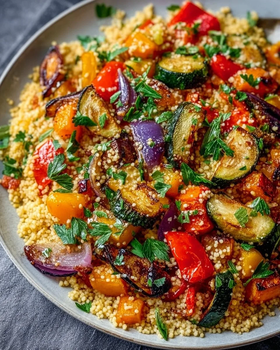 Vibrant roasted vegetable couscous salad with colorful veggies and herbs