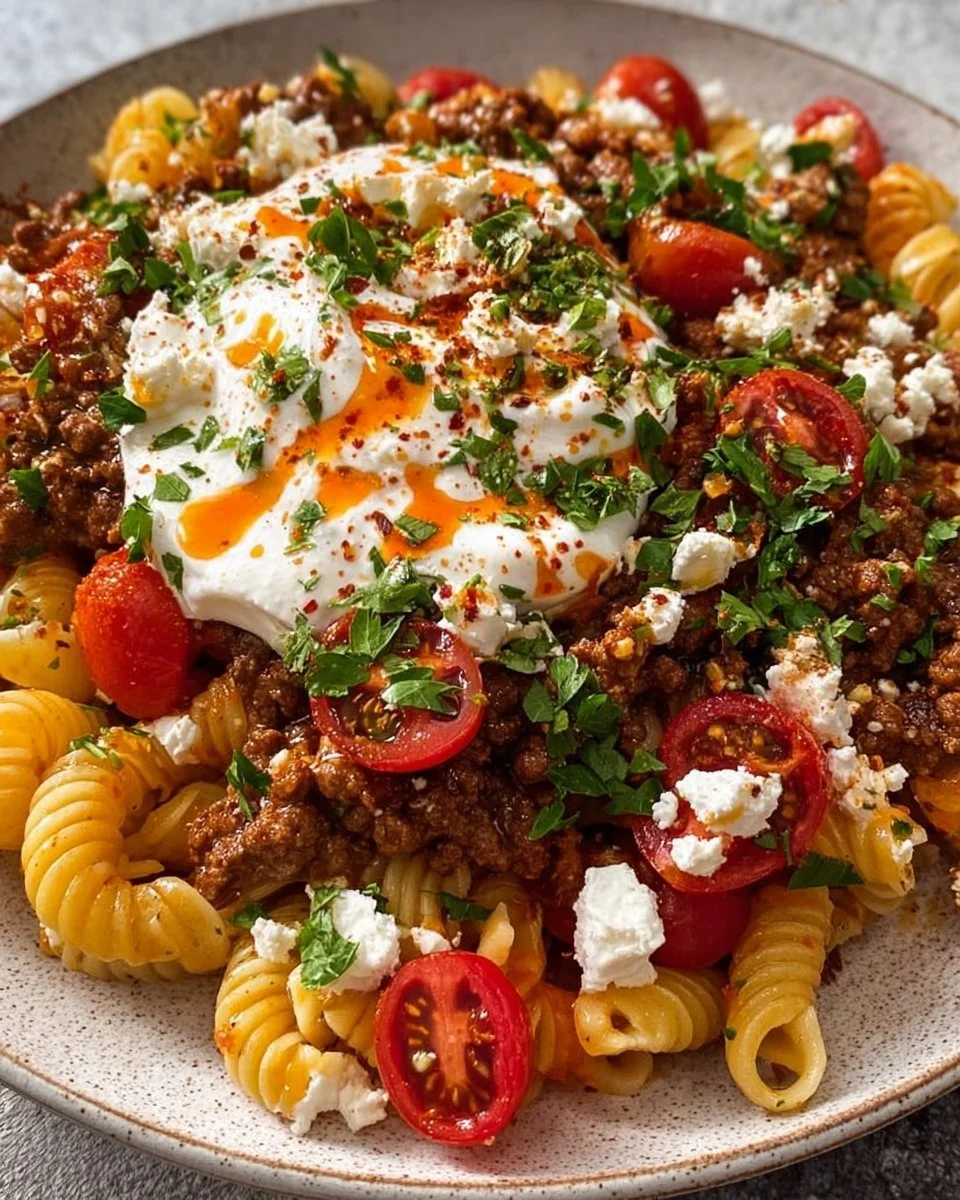 Delicious viral Turkish pasta served with fresh herbs and spices
